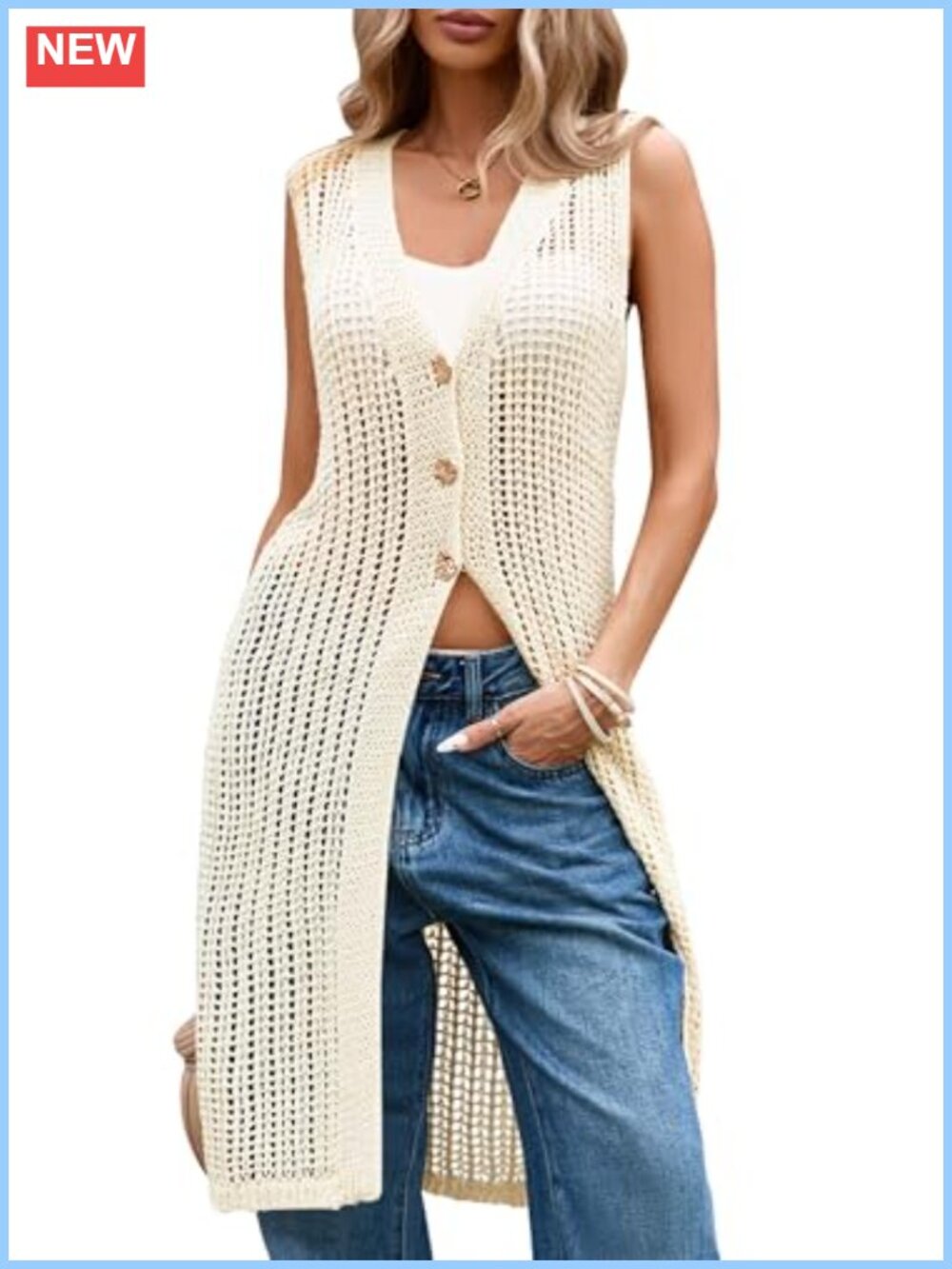 Womens Long Crochet Vest Sleeveless Duster Cardigan Open Knit Button Front